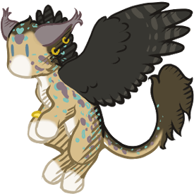 A drawing of Desert's Jewelbox, a tawny winged cat with sable uppers and wings and plumed tail, spangled with dusty turquoise and lavender rosettes.  It's a 3/4 view from above; her wings are spread and she's leaping, looking up and away.  She's also not my fursona, thanks for asking.  ;p